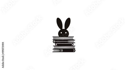 Whimsical black rabbit head peeking over a stack of books, symbolizing reading, education, knowledge, and storytelling.