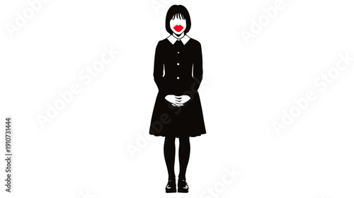 Conceptual illustration of a silent woman in a black dress with a red heart over her mouth, symbolizing love, secrecy, or shyness.