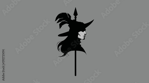 Profile silhouette illustration of a person wearing a feathered hat and spear, symbolizing courage, leadership, or a historical era