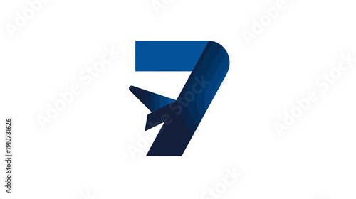 Modern blue geometric number 7 logo design with integrated airplane wing and tail elements, representing aviation and travel.