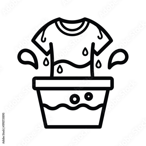 Line drawing depicting a t shirt in a wash basin with water drops