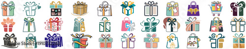 Set of gift box and shopping bag vector icons in flat line style. Minimal present symbols with ribbons, bows, tags, and wrapping elements. Clean outline design isolated on transparent background