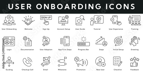 User Onboarding Icons vector illustration with thin line editable stroke contains welcome, account setup, user guide, experience, documentation, steps, promotion, checklist, milestone, checkup call.