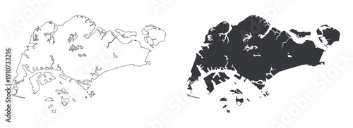 Bundle of outline and solid glyph icons featuring Singapore map, representing Southeast Asia country and ASEAN region, 