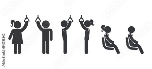 Bundle of pictogram icons showing public transport passengers in bus and train, standing holding handle and sitting on seat positions.