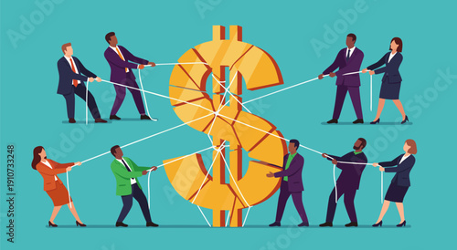 Vector illustration of business people pulling a giant golden dollar sign in a tug-of-war, symbolizing financial competition and economic struggle