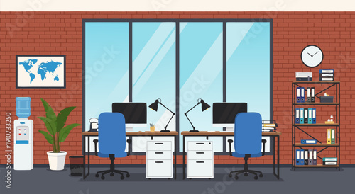 Modern office interior vector illustration with two workstations, water cooler, and world map