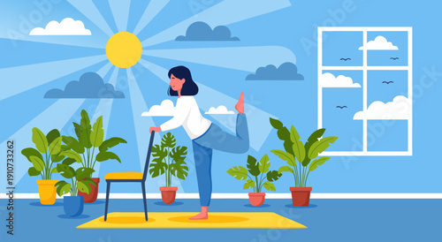 Yoga vector illustration of a woman performing a graceful pose indoors with houseplants and sunlight streaming through the window