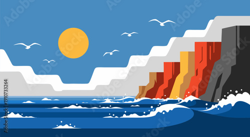 Seaside cliffs vector illustration with waves crashing and a bright sun in a blue sky