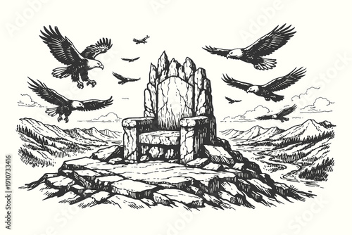 Epic fantasy vector illustration of a stone throne on a mountain peak surrounded by soaring eagles in a vintage hand drawn engraving style.