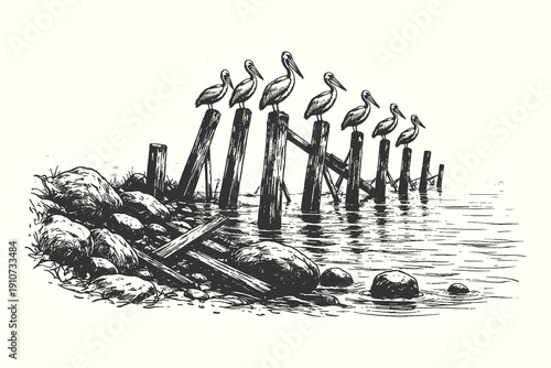 Detailed line art vector illustration of a row of pelicans perched on old wooden pier posts in a calm lake in a vintage woodcut engraving style.
