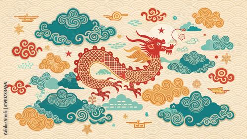 Red Chinese Dragon Amongst Clouds