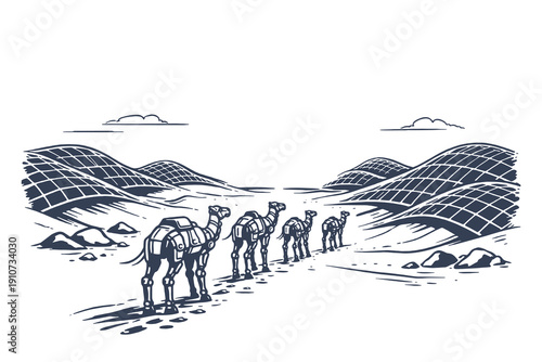 Futuristic vector illustration of cyborg camels walking through a desert with solar panel dunes in a vintage engraving style with digital patterns.