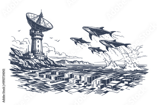 Hand drawn vector illustration of robotic whales jumping out of a digital ocean near a satellite ground station in a classic woodcut engraving style.