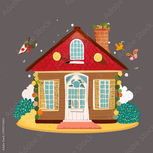 Red roof cottage with white walls and a colorful flower garden in the front yard Plant