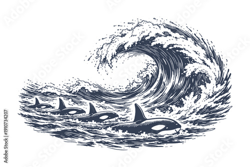 Dramatic vector illustration of a giant ocean wave with a pod of orca whales swimming in the surf in a vintage woodcut engraving style.