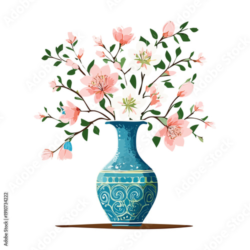 Elegant blue vase with white and pink flowers and green leaves for a fresh atmosphere Plant
