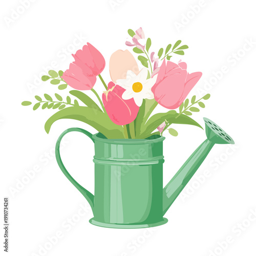 Green watering can with an abundance of pink and yellow spring flowers for garden decoration Plant