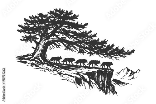 Vintage woodcut vector illustration of a wolf pack standing on a rocky cliff under a gnarled pine tree with distant mountains in a hand drawn style.