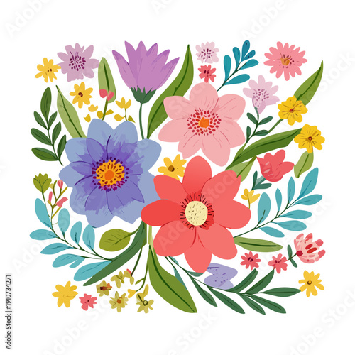 Beautiful bunch of colorful spring flowers and green leaves for a festive celebration card Plant