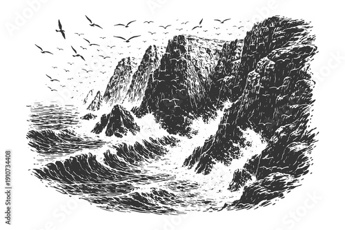 Detailed line art vector illustration of dramatic coastal cliffs and crashing ocean waves with birds flying in a vintage hand drawn engraving style.