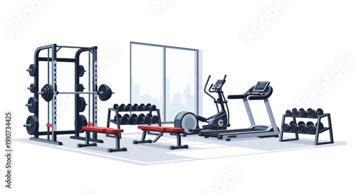 Modern Home Gym Equipment Setup with Weight Rack Benches and Cardio Machines.
