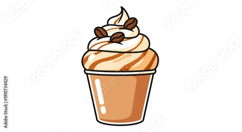 Sweet Caramel Coffee Drink with Whipped Cream and Coffee Beans Illustration.