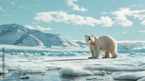 Wallpaper Mural Polar Bear Standing on Arctic Ice Floe under Blue Sky with Snow-Capped Mountains Torontodigital.ca