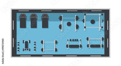 Gym Equipment Layout: Top-Down View of Fitness Machines and Weights.