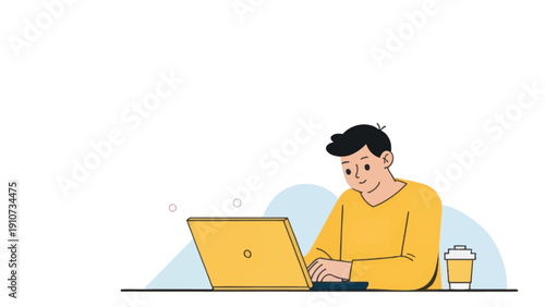 Young man coding on laptop, blockchain developer concept