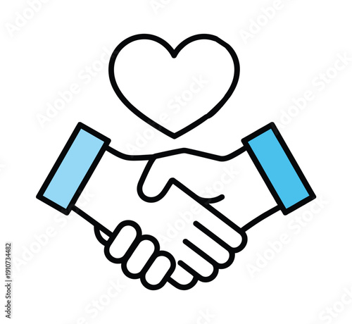 Handshake with heart icon representing charity, donation, love, support, help, volunteering, partnership, and agreement concepts