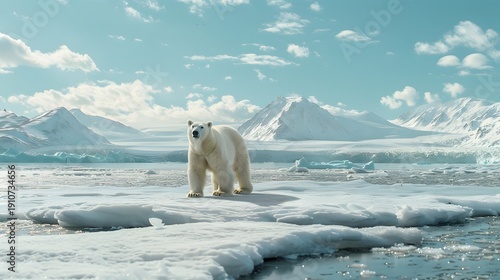 Wallpaper Mural Polar Bear Standing on Arctic Ice Floe under Blue Sky with Snow-Capped Mountains Torontodigital.ca