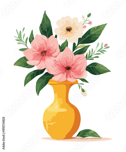 Yellow vase with pink flowers and green leaves and a soft artistic texture for decor Plant