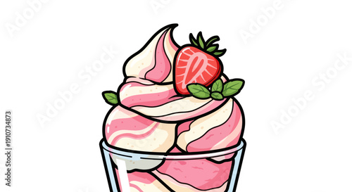 Delicious Swirled Strawberry and Vanilla Soft Serve Ice Cream Sundae.