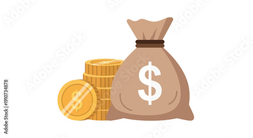 Bag of money and stack of golden coins illustration.