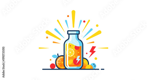 Refreshing Fruit Juice Bottle with Bursting Energy and Citrus Fruits.