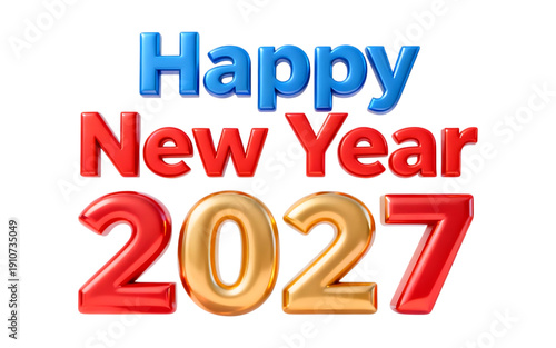 A vibrant happy new year 2027 text graphic with glossy effects on transparent background high quality
