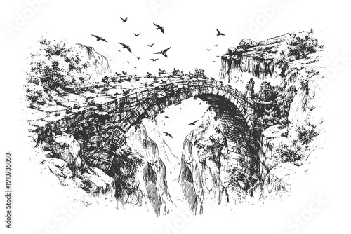 Vintage engraving vector illustration of an ancient stone arch bridge over a deep mountain canyon with birds flying in a hand drawn etching style.