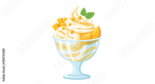 Delicious Mango Soft Serve Ice Cream Sundae in a Glass Bowl.