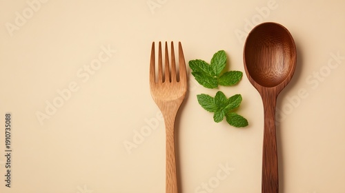 Wallpaper Mural Sustainable Wooden Cutlery Set with Fresh Mint Leaves on Beige Background Torontodigital.ca