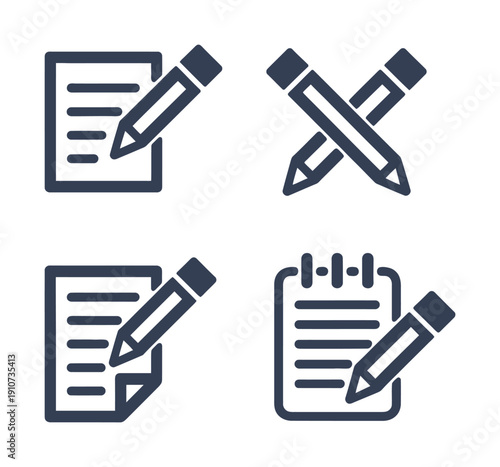 Set of four vector icons depicting pencils and paper for editing