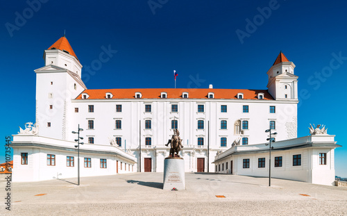 Photography View of Bratislava castle and the Equestrian statue of Svatopluk, Slovakia