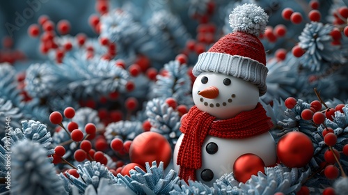 Wallpaper Mural Adorable 3D Snowman Character in Festive Christmas Winter Forest with Red Berries and Ornaments Torontodigital.ca