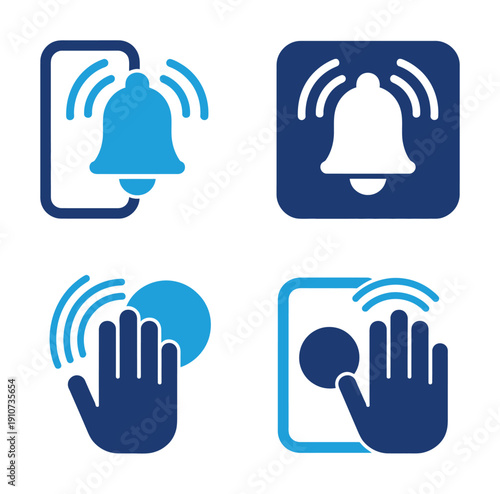 Vector graphic illustration of notification icons and hand gestures in blue