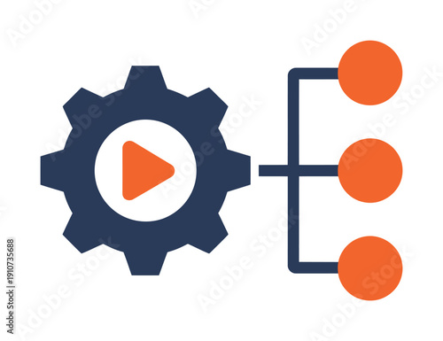 Vector graphic showing a gear with a play button and flowchart
