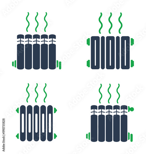 Vector graphic illustration of four different radiator designs with heat lines