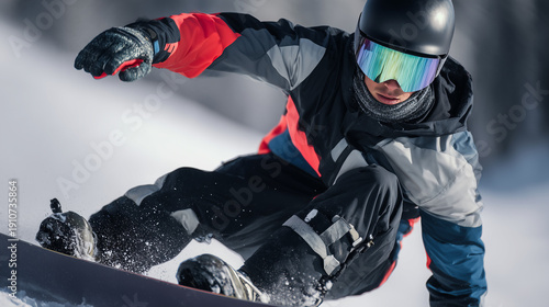 Male snowboarder in reflective goggles and winter gear carving down snowy slope at high speed