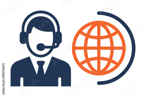 Vector graphic of a customer service representative wearing a headset next to a globe