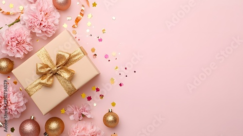 Wallpaper Mural Elegant Gift Box with Pink Flowers and Golden Christmas Ornaments on Soft Pink Background Torontodigital.ca