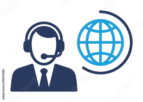Vector graphic of a customer service representative with a global support symbol